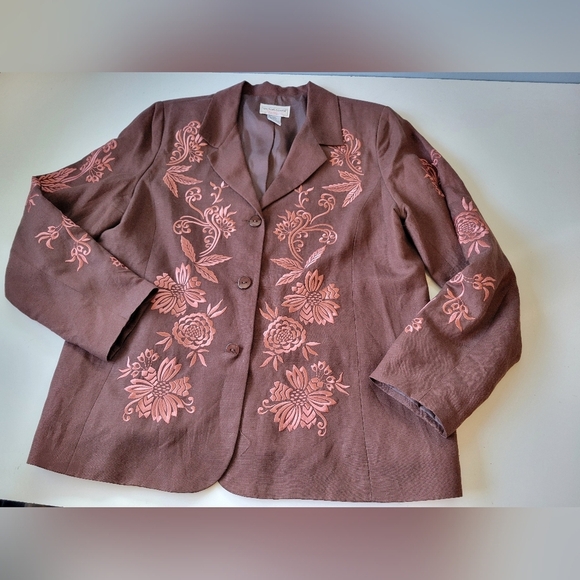Victor Costa Women's Linen Blend Floral Embroidered Brown Blaze L - Picture 2 of 12